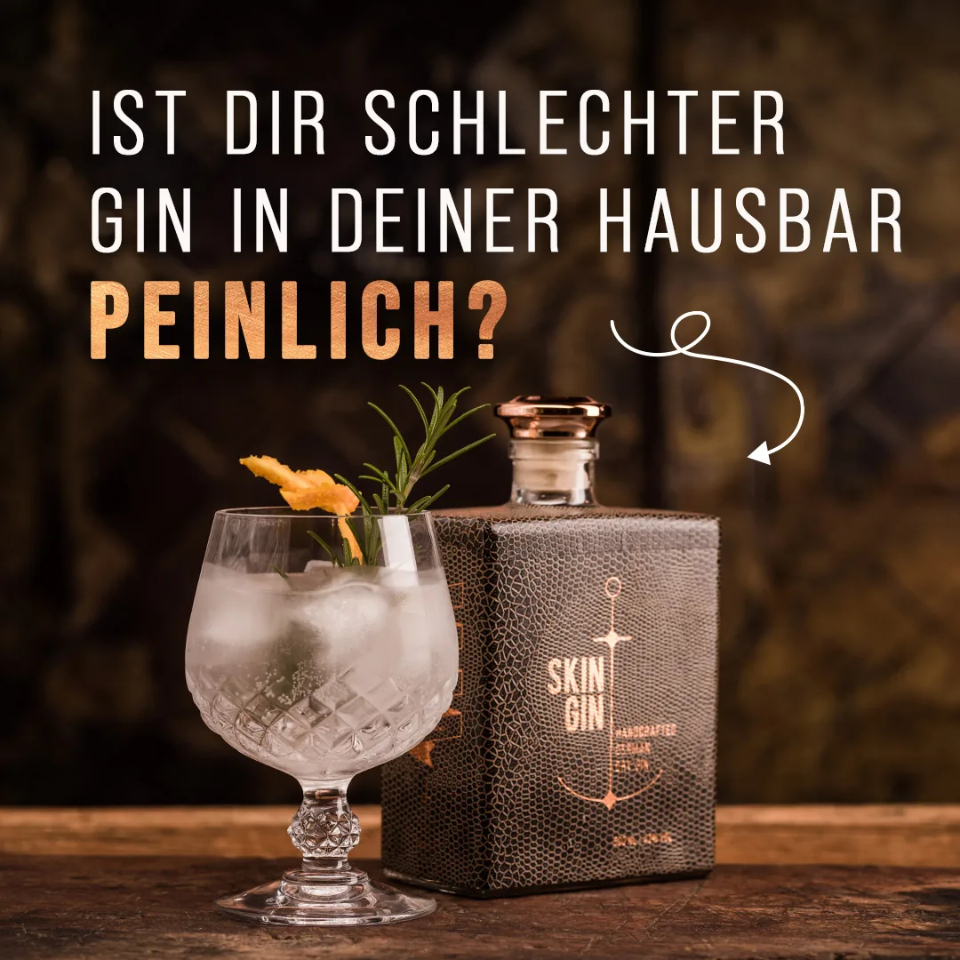 Skin-Gin-Werbemotiv mit Frage-Headline zur Hausbar und Gin Tonic auf Holztresen