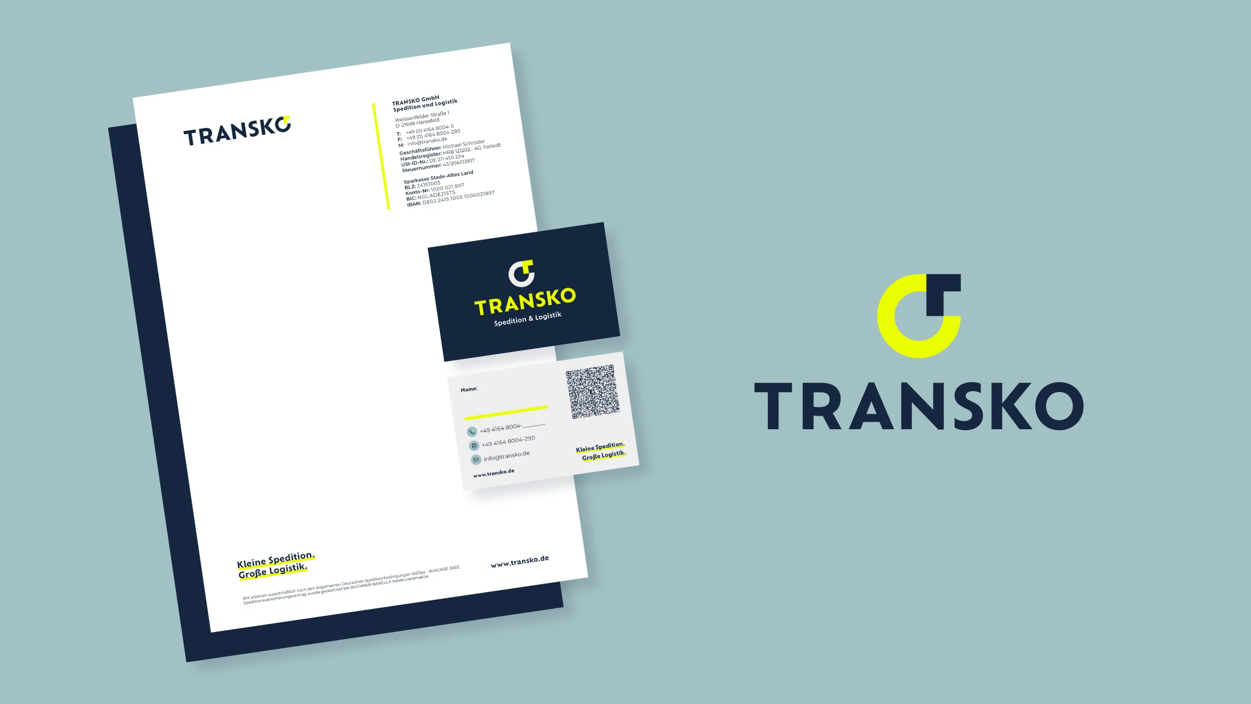 Transko-Geschäftsausstattung mit Briefbogen und Visitenkarten
