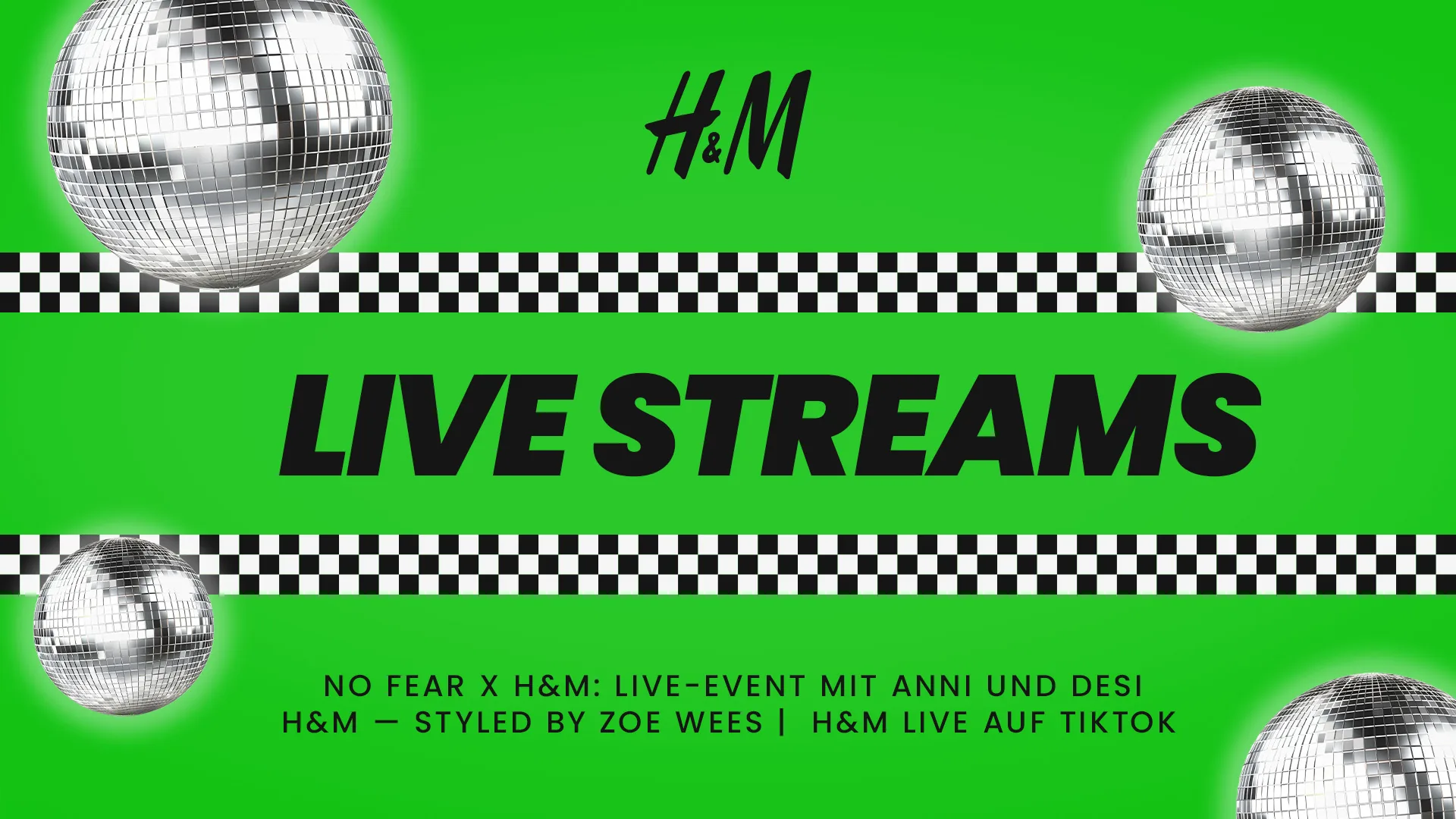 Titelgrafik der H&M-Livestreams mit Discokugeln und Formatübersicht