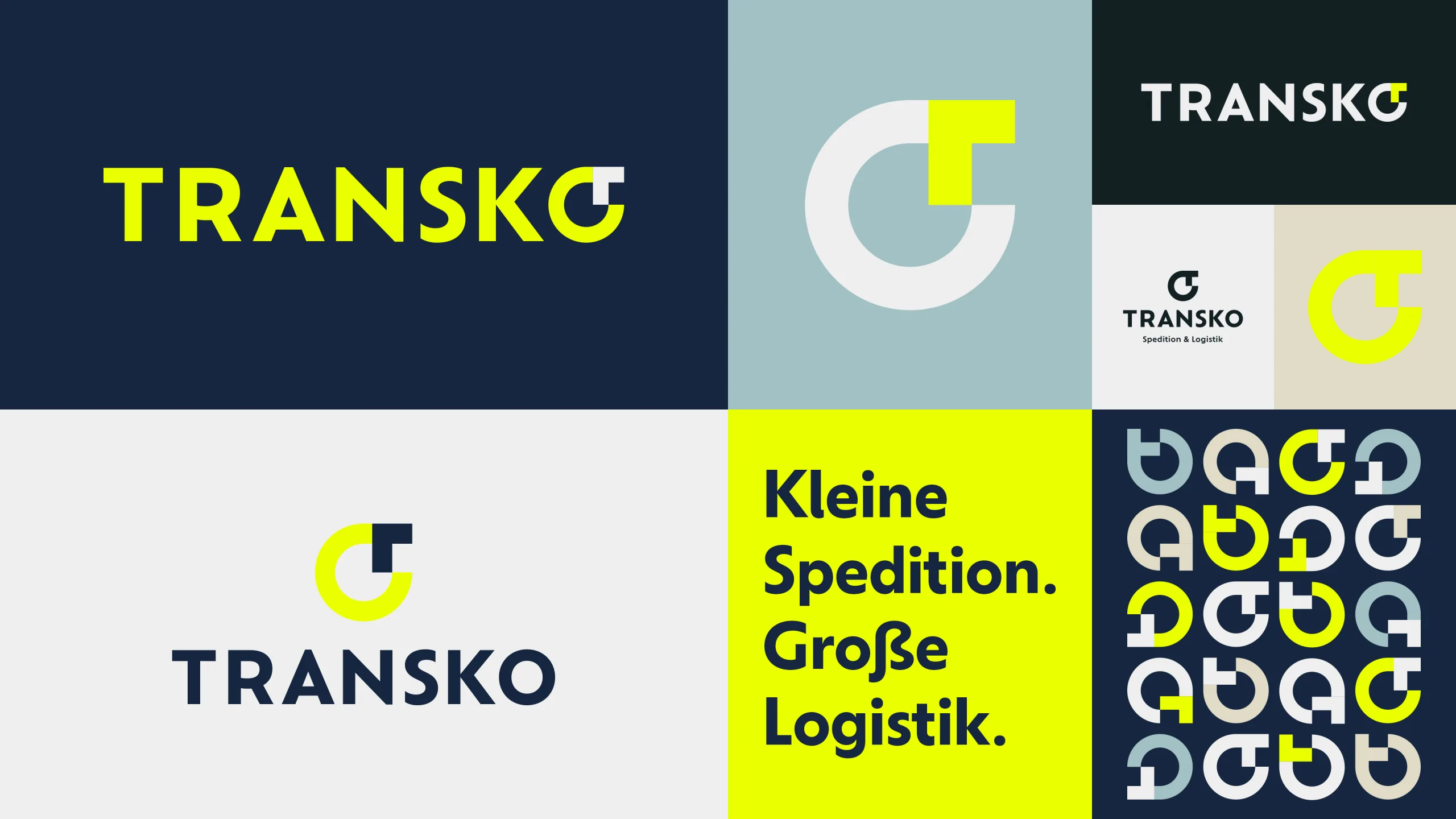 Moodboard des Transko-Rebrandings mit Logovarianten, Claim und Musterfläche