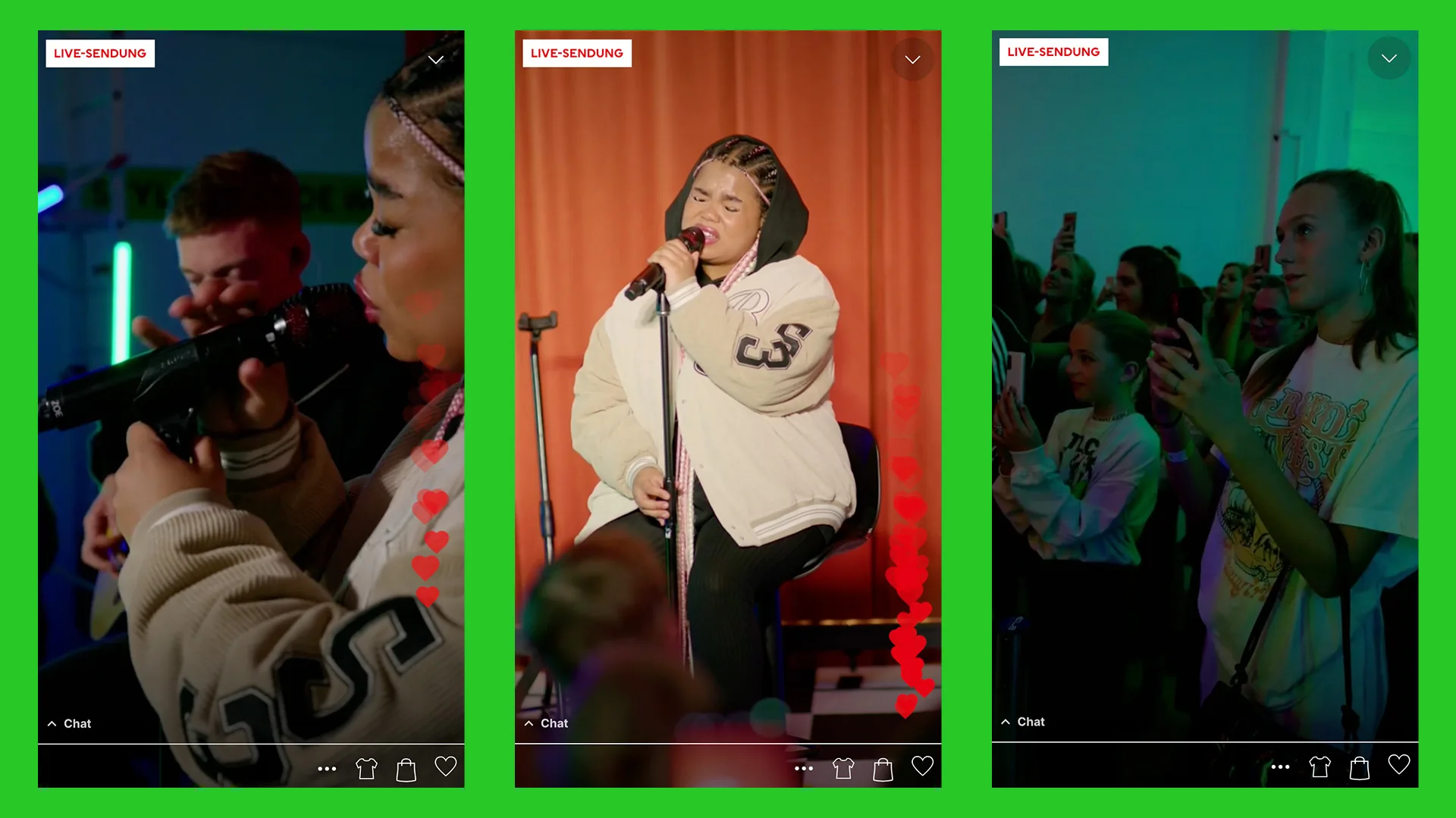 Drei Instagram-Live-Ansichten mit Auftritt, Gesang und Publikum