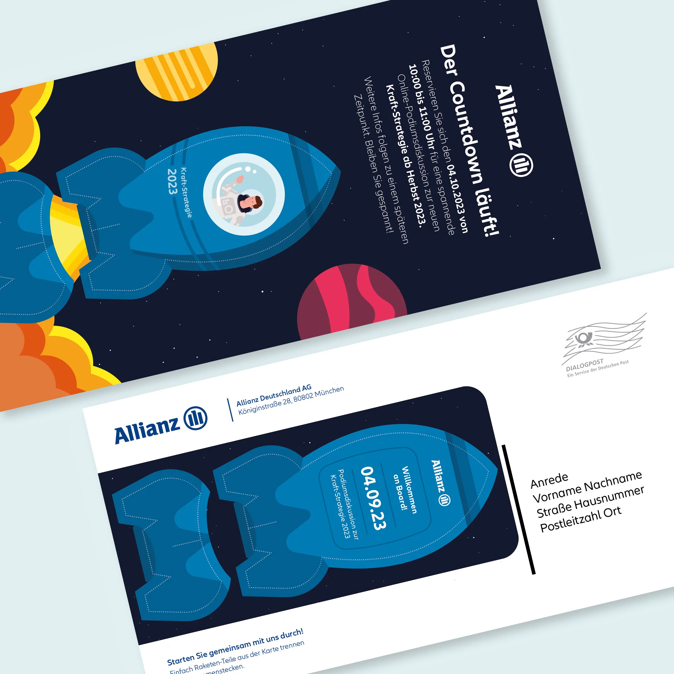 Allianz-Mailing im Raketendesign zur Einladung Kraft-Strategie 2023